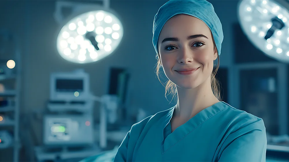 Anaesthetist stands in the operating theatre and smiles at the camera thanks to Syriflow MR