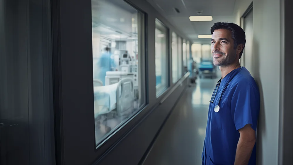 Intensive care physician stands relaxed in the corridor and looks satisfied thanks to Syriflow MR.