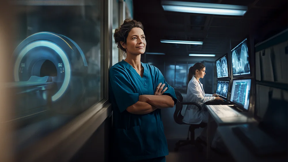 Radiologist stands in the control room and looks contentedly into the distance thanks to Syriflow MR.