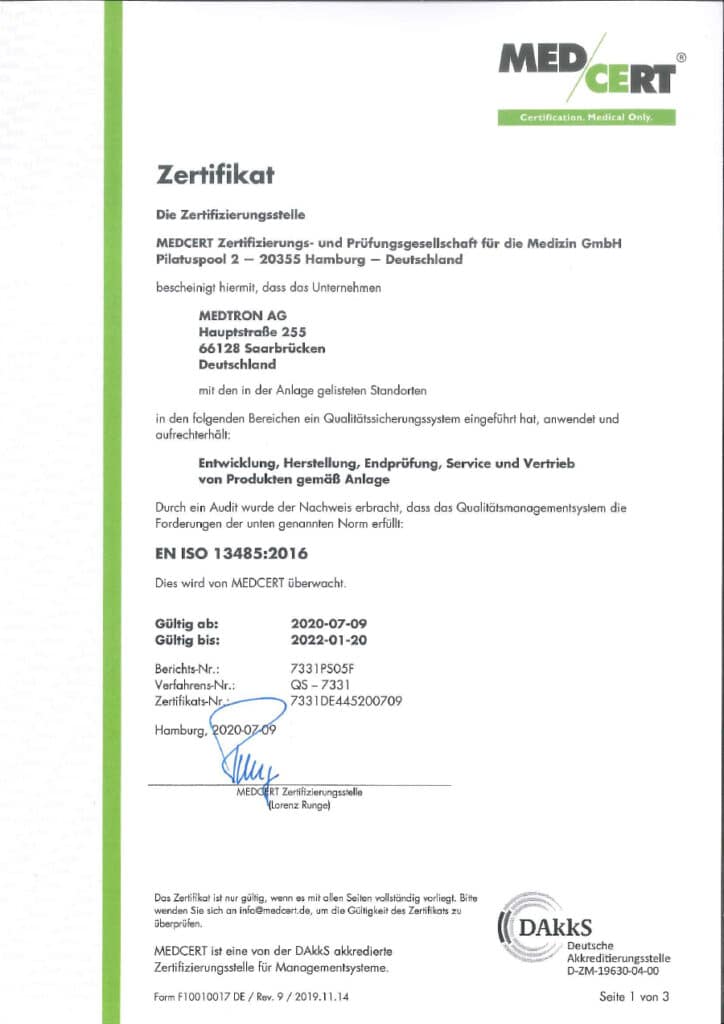 Zertifikat Norm EN ISO 13485:2016 der MEDTRON AG ausgestellt durch die MEDCERT