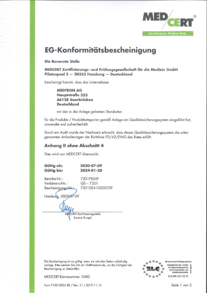 EG-Konformitätsbescheinigung der MEDTRON AG ausgestellt durch die MEDCERT