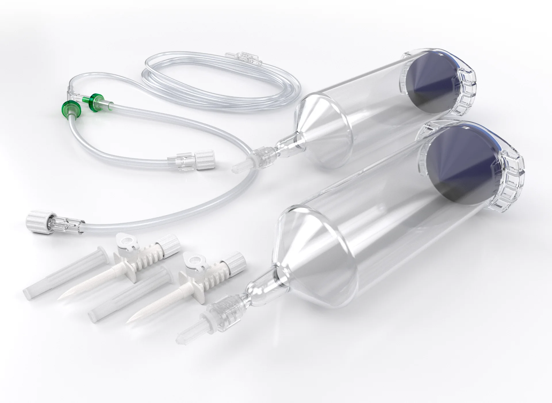 The CT Set ELS* DH is a disposable consumable set for CT injectors. It consists of 2 Easy Loading Syringes (ELS)* 200 mL (S) syringes, a double-head tube system and two SP 227 spikes with ventilation (Luer Lock).